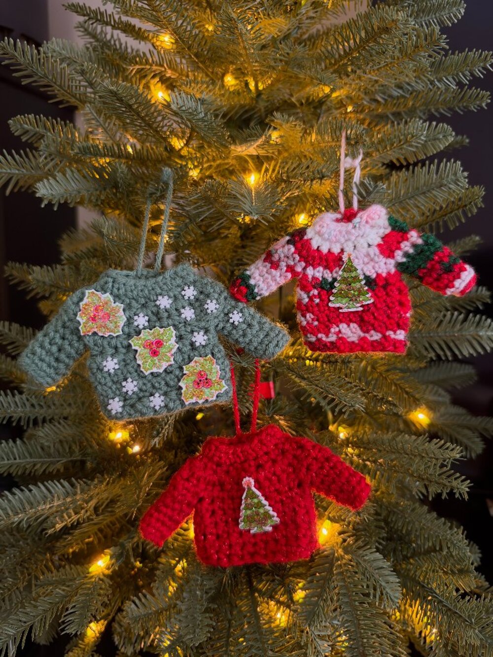 Handmade Crochet Ugly Christmas Sweaters Hanging Red Green Ornaments Set of 3